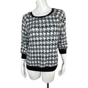 Cato Medium Black White Houndstooth Fuzzy Sweater‎ 3/4 Sleeves Mock Neck